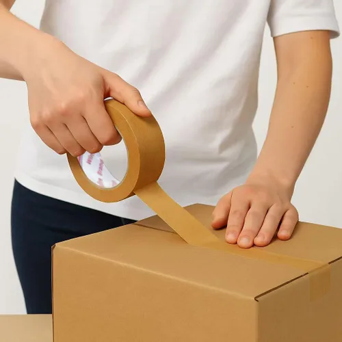 Vista 6 de Cinta de embalaje de papel kraft marrón ecológica, embalaje resistente puede biodegradable, orar jadeando, sellado, escritura y fácil de rasgar