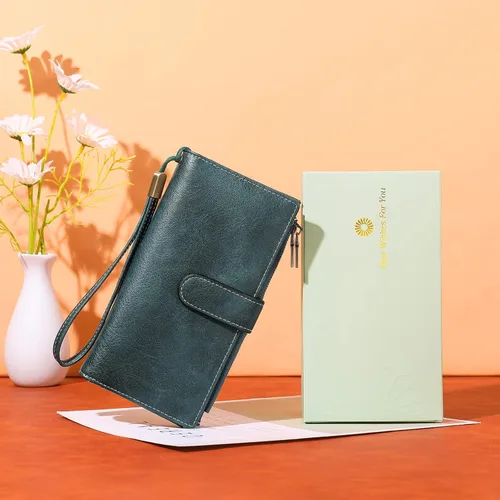 Vista 5 de GOIACII Cartera de mujer con bloqueo RFID triple pliegue cartera de mano larga para mujer cartera de cuero vegano con bolsillo para monedas A02-azul