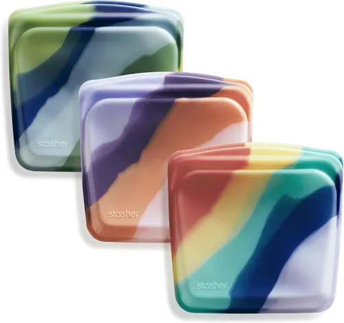 Vista 12 de Stasher - Bolsas de silicona reutilizables de primera calidad y bolsa para el almuerzo, paquete de 3, multicolor Food-Safe Silicone, BPA-Free