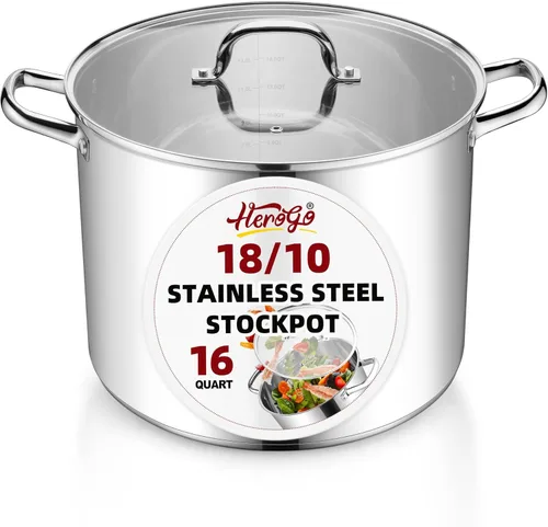 Vista 12 de Herogo Olla de acero inoxidable 18/10 de 12 cuartos de galón con tapa, olla grande y resistente compatible con cocinas eléctricas, de gas