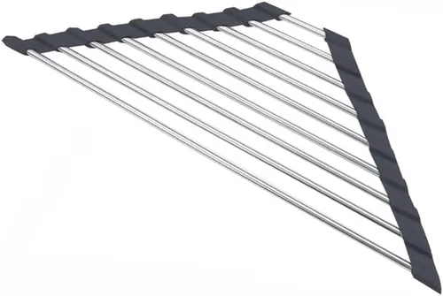 Vista 4 de Escurridor de platos triangular multiusos enrollable para esquina del fregadero, acero inoxidable sobre el fregadero, tapete escurridor de platos