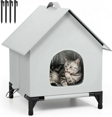 Vista 10 de Casa grande para gatos para exteriores e interiores, fácil de poner, refugio para gatos autocalentamiento para invierno, aislado y resistente a