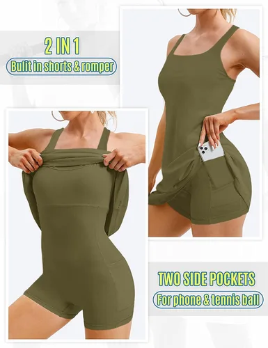 Vista 4 de Aurgelmir Vestidos de ejercicio 2 en 1 para mujer con pantalones cortos incorporados, para entrenamiento, atlético, golf, tenis, vestido activo