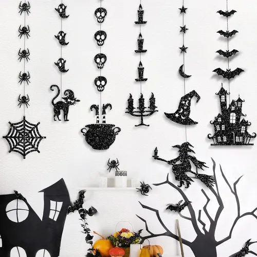 Vista 5 de Guirnalda colgante de Halloween negra con purpurina, fantasmas, brujas, murciélagos, arañas, casa encantada, gato y más, suministros de fiesta