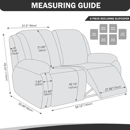 Vista 5 de Vctops - Funda elástica de 6 piezas para sofá biplaza reclinable, de cuero sintético impermeable, protector de muebles antideslizante con borde Negro