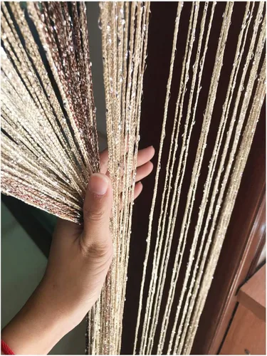 Vista 13 de Cortina de cuerda para puerta, hilo plano de cinta plateada con borlas, divisor de habitación, 39 x 79 pulgadas (beige-estilo 2)
