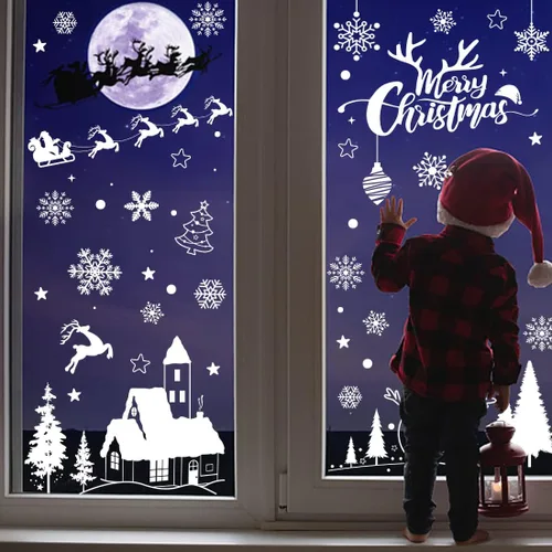 Vista 6 de 148 piezas de calcomanías adheribles navideñas con diseño de copo de nieve para ventana, decoraciones navideñas para ventana