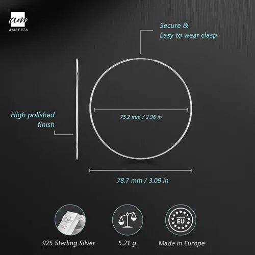 Vista 3 de Amberta® Aretes de plata de ley 925 con círculos finos y sin fin. Tamaño del diámetro: 20 30 40 60 2.953 in