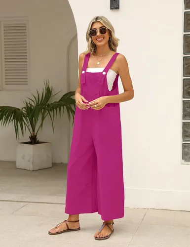 Vista 9 de AMEBELLE Overol suelto de lino de algodón para mujer, sin mangas, con tirantes ajustables, pierna ancha con bolsillos
