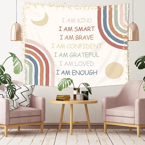 Vista 5 de Imirell Tapiz bohemio arcoíris de 59 pulgadas de ancho x 51 pulgadas de alto, citas inspiradoras positivas, motivacionales, para aula, luna, sol