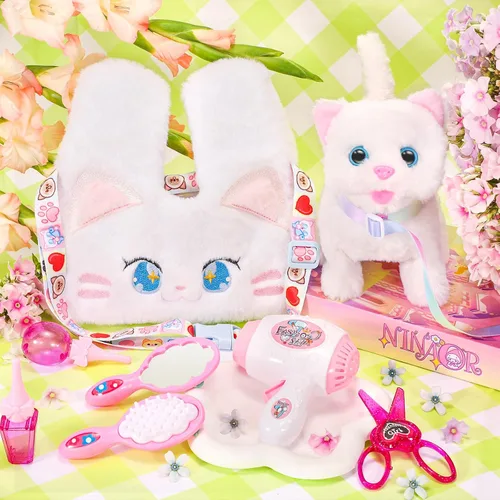 Vista 7 de NINAOR Juguetes interactivos para gatos para niños con bolsas bandolera, peluche de gato con correa para caminar y maullar, juguete de robot gatito
