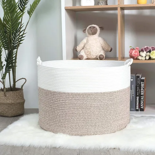 Vista 5 de MINTWOOD Design Cesta decorativa extragrande de 22 x 16 pulgadas de cuerda de algodón tejida para sala de estar con asas y cesta de lavandería