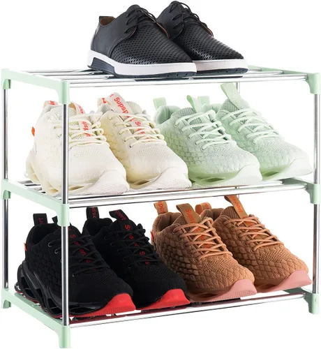 Vista 7 de Estante de zapatos pequeño apilable de 3 niveles, organizador de almacenamiento ligero para entrada, pasillo y armario (negro)