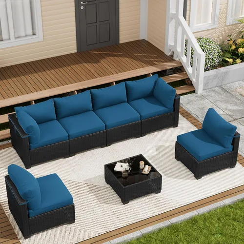 Vista 8 de Juego de 7 muebles de patio al aire libre, sofá seccional al aire libre, muebles de mimbre para patio, juego de conversación de patio con mesa