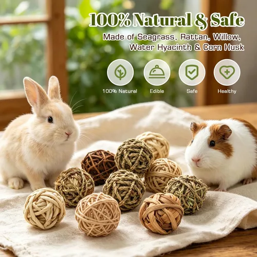 Vista 4 de 8 bolas de hierba masticable de conejo, juguetes naturales hechos a mano para rechinar dientes, golosinas de enriquecimiento para roedores, conejos