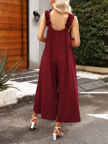 Vista 5 de MIEAZOM Enterizo sin mangas de pierna ancha para mujer, estilo casual, con volantes, tirantes delgados, elásticos, holgados, pantalones largos
