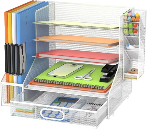 Vista 9 de DALTACK Organizador de Escritorio de Malla, Bandeja de Cartas de 5 Niveles con Portaarchivos y Portabolígrafos y Cajón Deslizante, Organizador