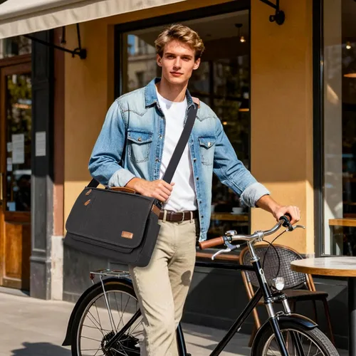 Vista 3 de ESTARER Bolsa de mensajero para laptop de 13 a 14 pulgadas, resistente al agua, bolsa de hombro de lona para universidad de negocios, gris
