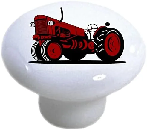 Vista 2 de Juego de 2 tiradores de cerámica para cajones de tractor vintage rojo