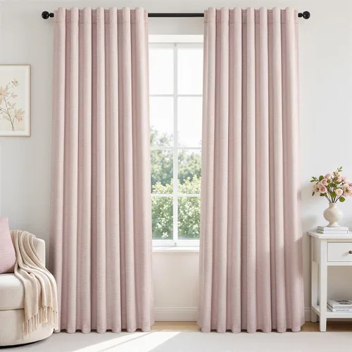 Vista 25 de Topfinel cortinas opacas de lino beige y blanco de 63 pulgadas de largo, 2 paneles para ventana pequeña, estilo natural de abedul bohemio y rústico