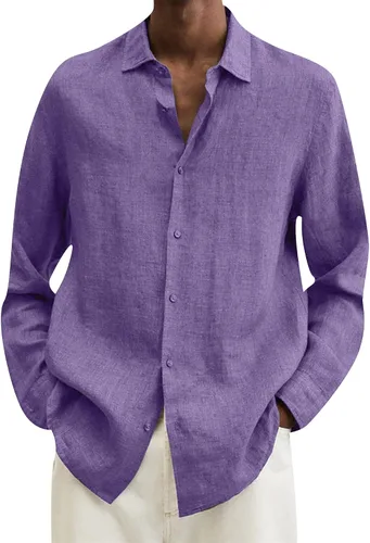 Vista 7 de EFOFEI Camisa de algodón y lino con botones para hombre, camisas casuales de manga larga, con solapa, color sólido