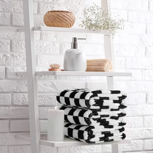 Vista 4 de Frienda Juego de 4 toallas de mano a cuadros para baño, cocina, toallas de baño suaves retro de tablero de ajedrez altamente absorbentes para baño