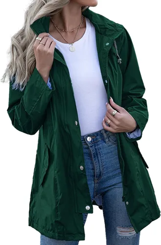 Vista 10 de Kikibell Chaqueta de lluvia para mujer con capucha, con forro a rayas, ligera, impermeable para exteriores, cortavientos Verde militar