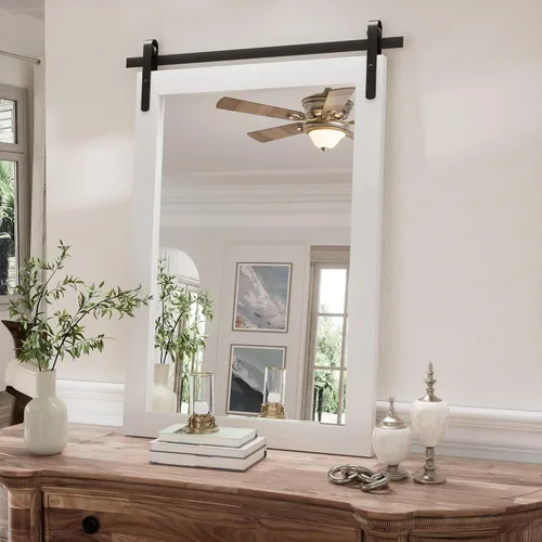 Vista 14 de Espejo Negro de Granja para Pared, Espejos Cuadrados de Baño con Marco de Madera de 18x26 Pulgadas para Tocador, Espejos Estilo Puerta de Granero