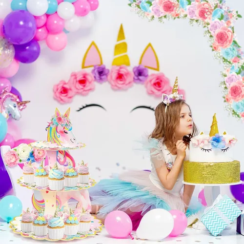 Vista 5 de Soporte para cupcakes de unicornio de 3 niveles, decoración de fiesta de arcoíris, unicornio, cumpleaños, soporte para cupcakes, torre de postre