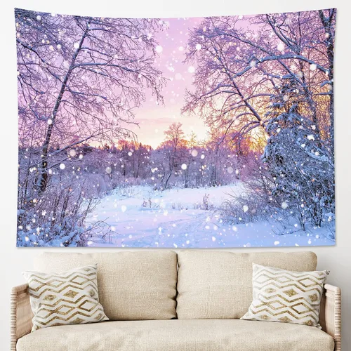 Vista 16 de HVEST Tapiz de bosque de invierno para colgar en la pared, montaña, nieve y pino, exterior, ventana de Navidad, arte de pared, tapiz de invierno