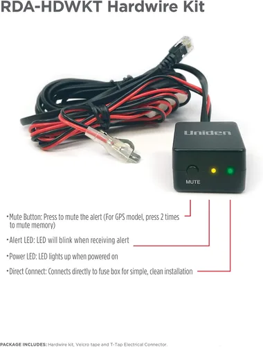 Vista 6 de Kit de cableado duro inteligente Uniden RDA-HDWKT para detector de radar con botón de silencio/marca y LED de alerta y de encendido R8w, R8, R7