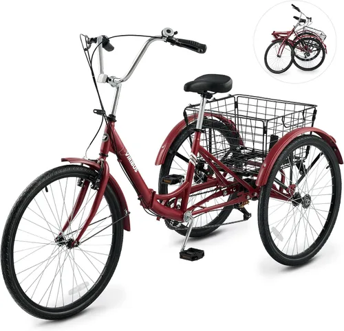 Vista 10 de VIRIBUS Triciclo plegable para adultos, triciclo plegable de 7 velocidades para adultos con cesta con ruedas extraíble, bicicletas plegables de 3