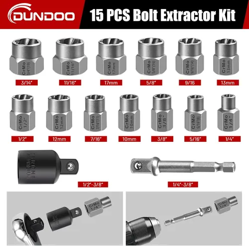 Vista 2 de Juego de extractor de pernos, kit de extractor de pernos fáciles de 15 piezas, juego de zócalos extractores de impacto de 3/8" para pernos y tuercas