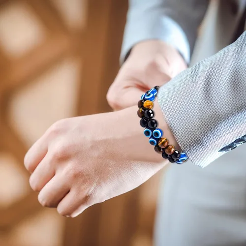 Vista 33 de Pulsera de triple protección, ojo de tigre malvado de ojo y obsidiana negra de 0.315 in, pulsera curativa para hombres y mujeres, pulsera curativa