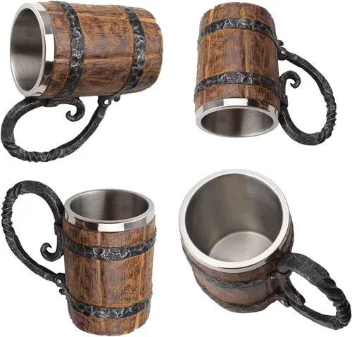 Vista 3 de Taza de cerveza de madera, barril de cerveza, taza vikinga grande estilo de madera, jarra de cerveza con asa, regalos antiguos para hombres, bares