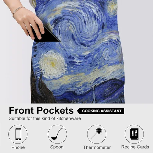 Vista 5 de MUSM Apron for Adults - 27.6 X 31.5 Inch, Heavy-Duty Polyester Aprons with Two Large Pockets, Waterproof The Starry Night Kitchen Apron for Cooking