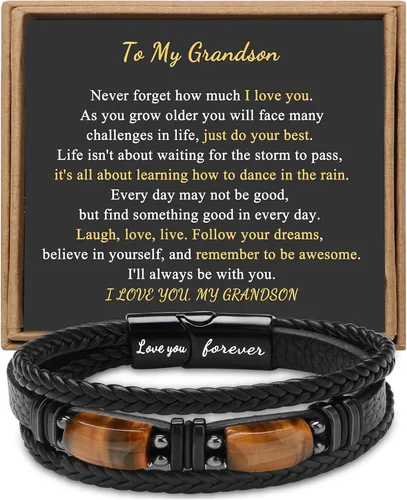 Vista 23 de Regalos únicos para hombres, pulsera de cuero para hombres, papá, novio, hijo, nieto, hermano, te amo para siempre, piedra ojo de tigre, día