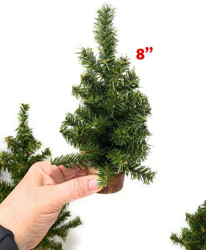 Vista 4 de Decoración de árbol de Navidad de mesa pequeña con base de madera real para escritorio, bandeja escalonada, repisa, pino artificial sin decorar