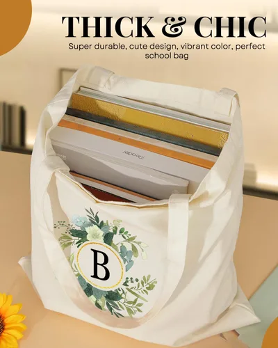 Vista 5 de AUSVKAI Bolsa de lona para mujer, bonita bolsa de algodón con iniciales estéticas, de algodón, reutilizable, personalizada, bolsas de cumpleaños