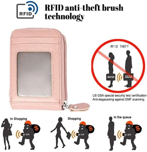 Vista 6 de WITATAOGE Tarjetero de cuero para mujer, pequeño estuche de bloqueo RFID de gran capacidad para tarjetas, Rosa Rojo, A la moda