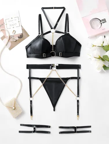 Vista 4 de Lilosy Conjunto de lencería sexy de piel sintética con tiras de liguero