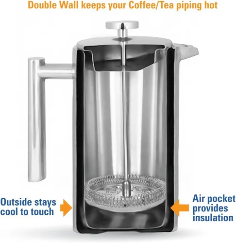 Vista 7 de MIRA Prensa francesa aislada de 20 onzas, cafetera y té de acero inoxidable, cafetera con control de temperatura de doble pared, color azul perla