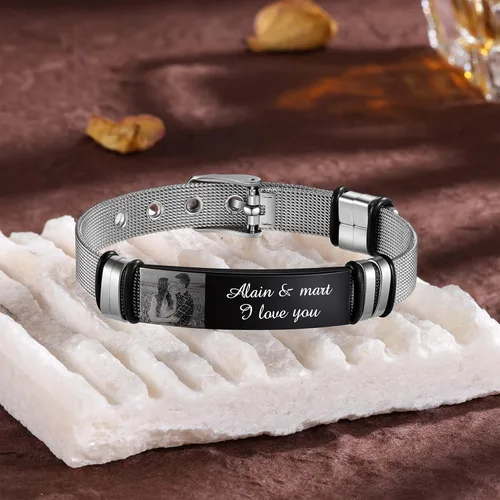 Vista 5 de Giftider Pulsera de fotos personalizada para hombres y mujeres, pulsera de fotos personalizada para él, ella, acero inoxidable, pulsera