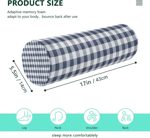 Vista 3 de Cervical Neck Roll, Blue White Gingham Round Pillow Washable Memory Foam Pillow, Bolster Pillow for Improved Sleeping, Travel, Home
