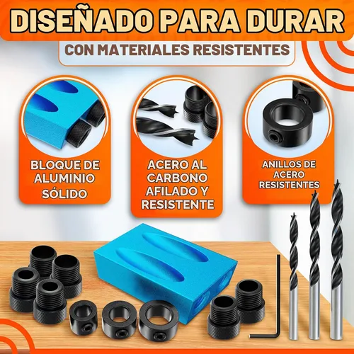 Vista 3 de Kit de plantilla de agujero de bolsillo compacto de 14 piezas con guía de taladro de ángulo de 15°, carpintería oculta para armarios y estantes