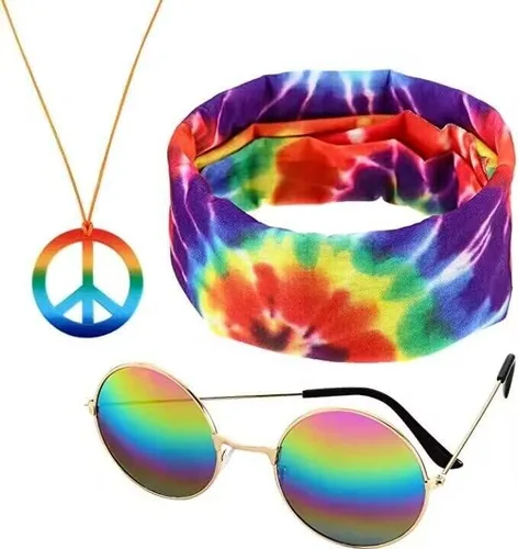 Vista 2 de SpeedBeauty Hippie 5 piezas de disfraz de Halloween para hombre de los años 60 y 70 camiseta afro peluca accesorios para fiesta cosplay