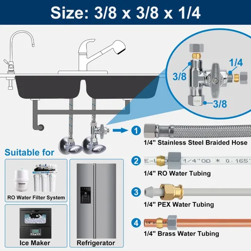 Vista 6 de Válvula Add-A-Tee de parada angular de latón, válvula de T de compresión de 3/8 x 3/8 x 1/4, Adaptador de agua de alimentación para refrigeradores