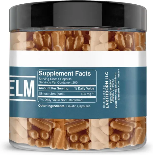 Vista 2 de Earthborn Elements Slippery Elm 200 cápsulas, puro y sin diluir, sin aditivos
