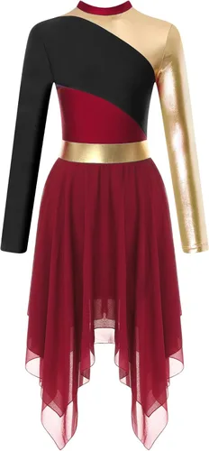 Vista 3 de TiaoBug Vestido de baile de alabanza de manga larga para mujer, vestido litúrgico metálico con bloques de color, vestidos de adoración