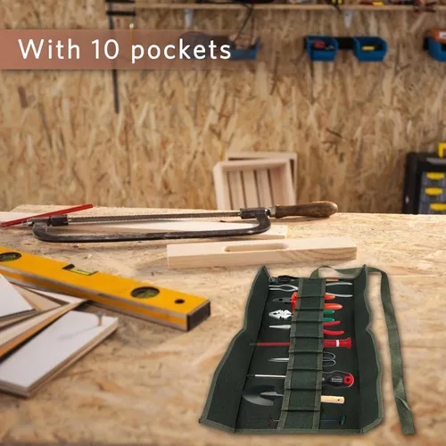 Vista 4 de Bolsa enrollable para herramientas, bolsas de lona resistente, bolsa de almacenamiento de herramientas para bonsái con 10 bolsillos para jardín